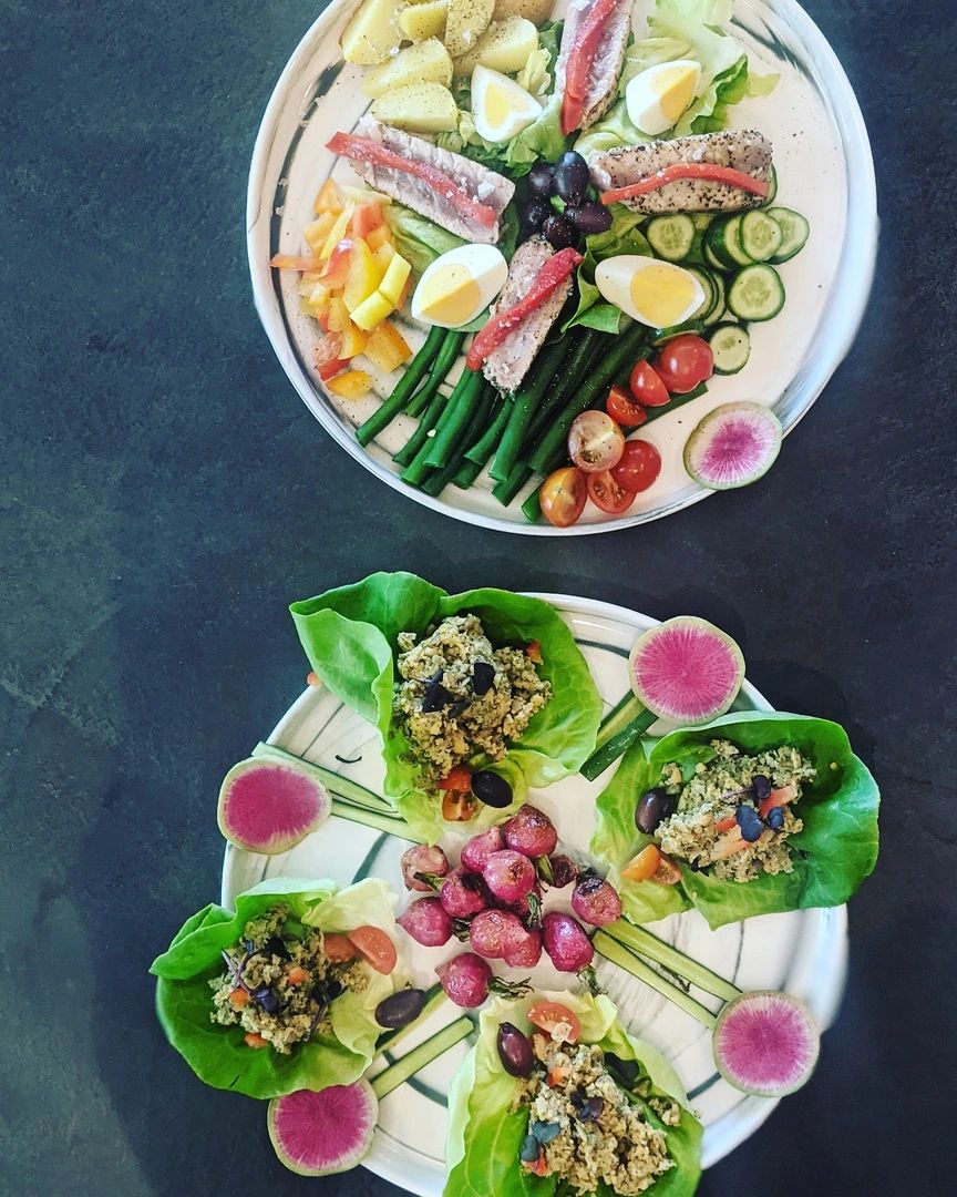 Overhead food platter with crudités and vegetables