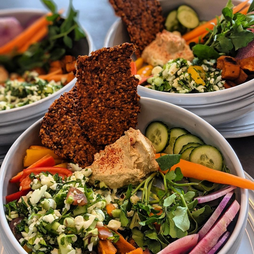 Falafel bowls with hummus and fresh vegetables